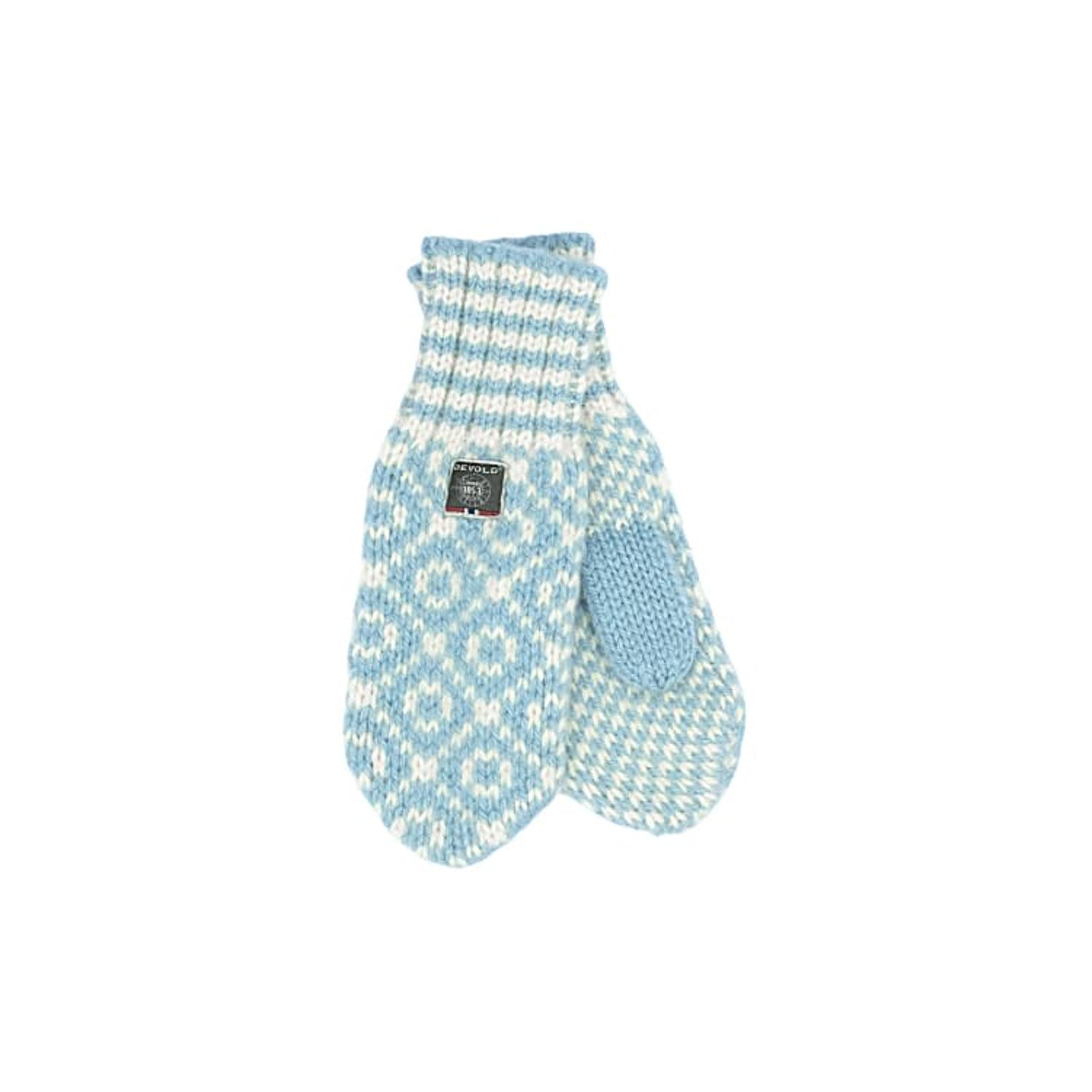 The Devold Svalbard Mitten in Cameo/Off-White is a pair of pure new wool knitted mittens with a soft brushed finish and geometric pattern, displayed against a plain white background.
