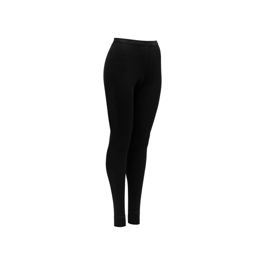 Devold's W Expedition Merino 235 Long Johns in black, styled for a regular fit, are beautifully showcased against a white background.