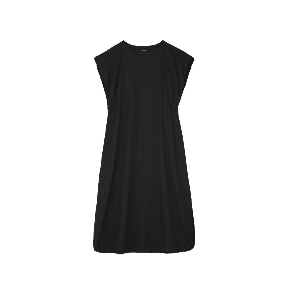 The Diamond Dress by Aiayu is a sleeveless black maxi with a round neckline and loose fit, made from GOTS-certified regenerative cotton, shown against a plain background.