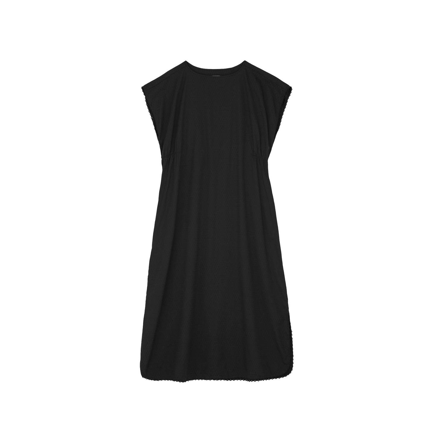 The Diamond Dress by Aiayu is a sleeveless black maxi with a round neckline and loose fit, made from GOTS-certified regenerative cotton, shown against a plain background.
