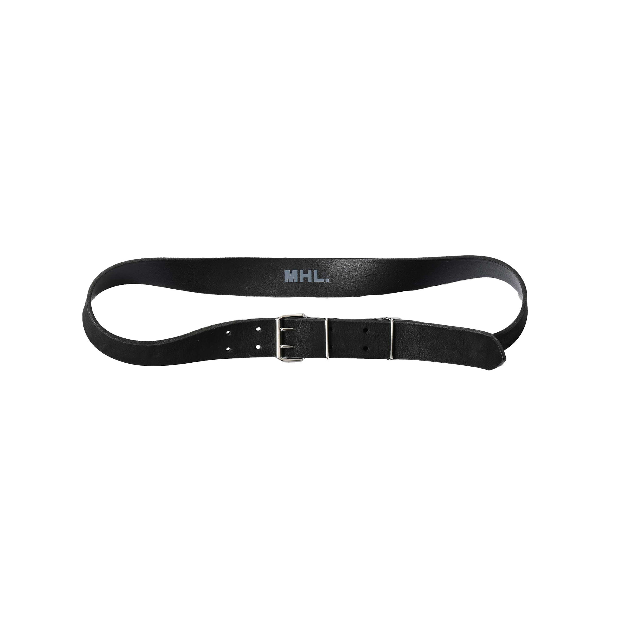 The Double Prong Belt by Margaret Howell is a black leather belt featuring a silver buckle, punched holes, and the letters "MHL" printed in white.