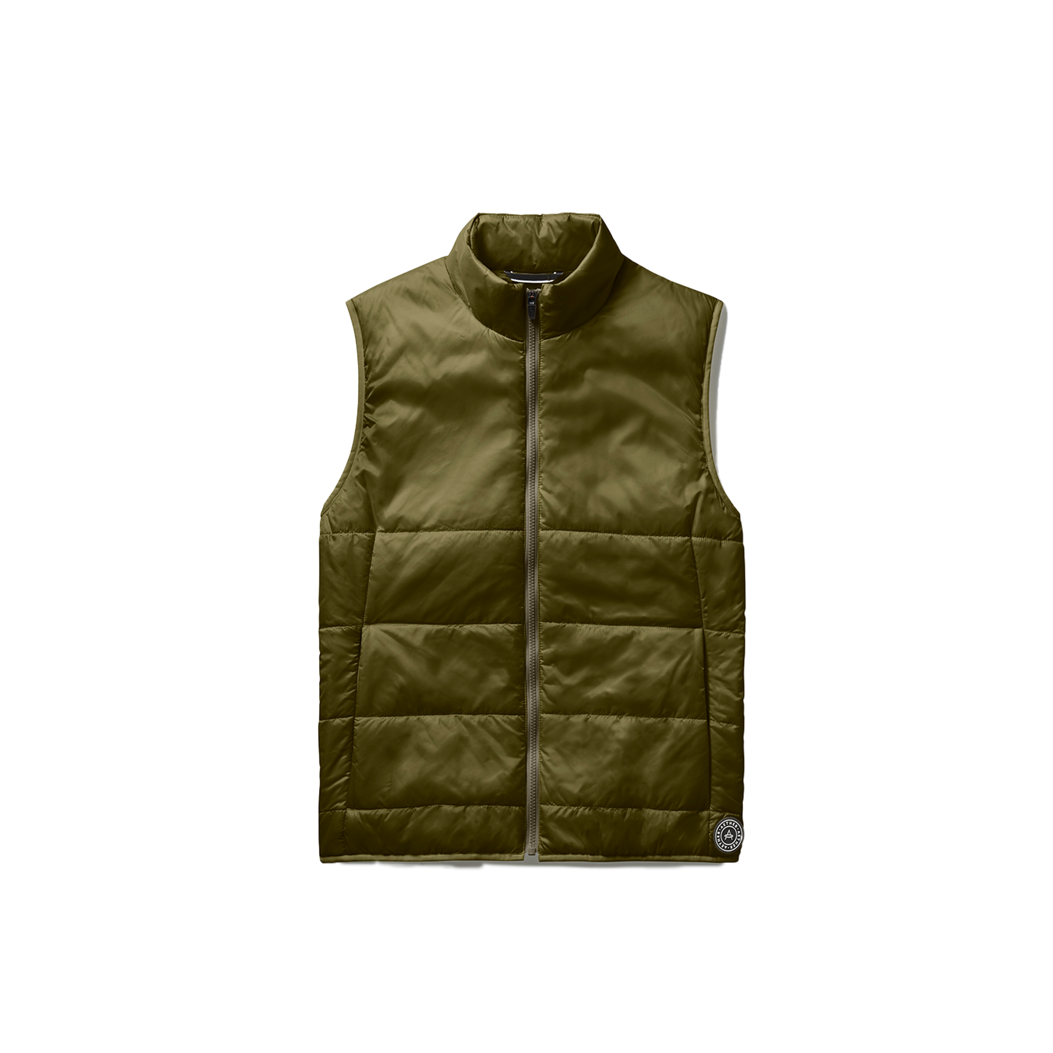 Introducing the Eco Insulated Vest by Aether, made from recycled polyester. This olive green quilted vest boasts a zipper closure and a round neck, effortlessly combining style with eco-friendly materials.
