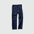 The Seven Gauge Trouser Tropical Wool in Blu features an elastic waistband with a drawstring, artfully displayed against a light gray background.