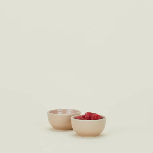 On a light surface, two blush ceramic bowls from Hawkins New York sit; one empty and the other filled with raspberries. These Essential Extra Small Bowls are microwave and dishwasher safe, offering both practicality and style for any kitchen.