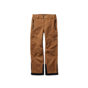 Aether's Explorer Snow Pant, made from Japanese field nylon in brown, showcases multiple pockets and a logo on the knee, displayed against a plain background.