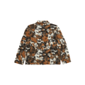 Featuring a warm and relaxed fit, the Field Jacket Fleece in a wool polyester blend by Universal Works boasts a brown, black, and white camouflage design, as shown from the back.