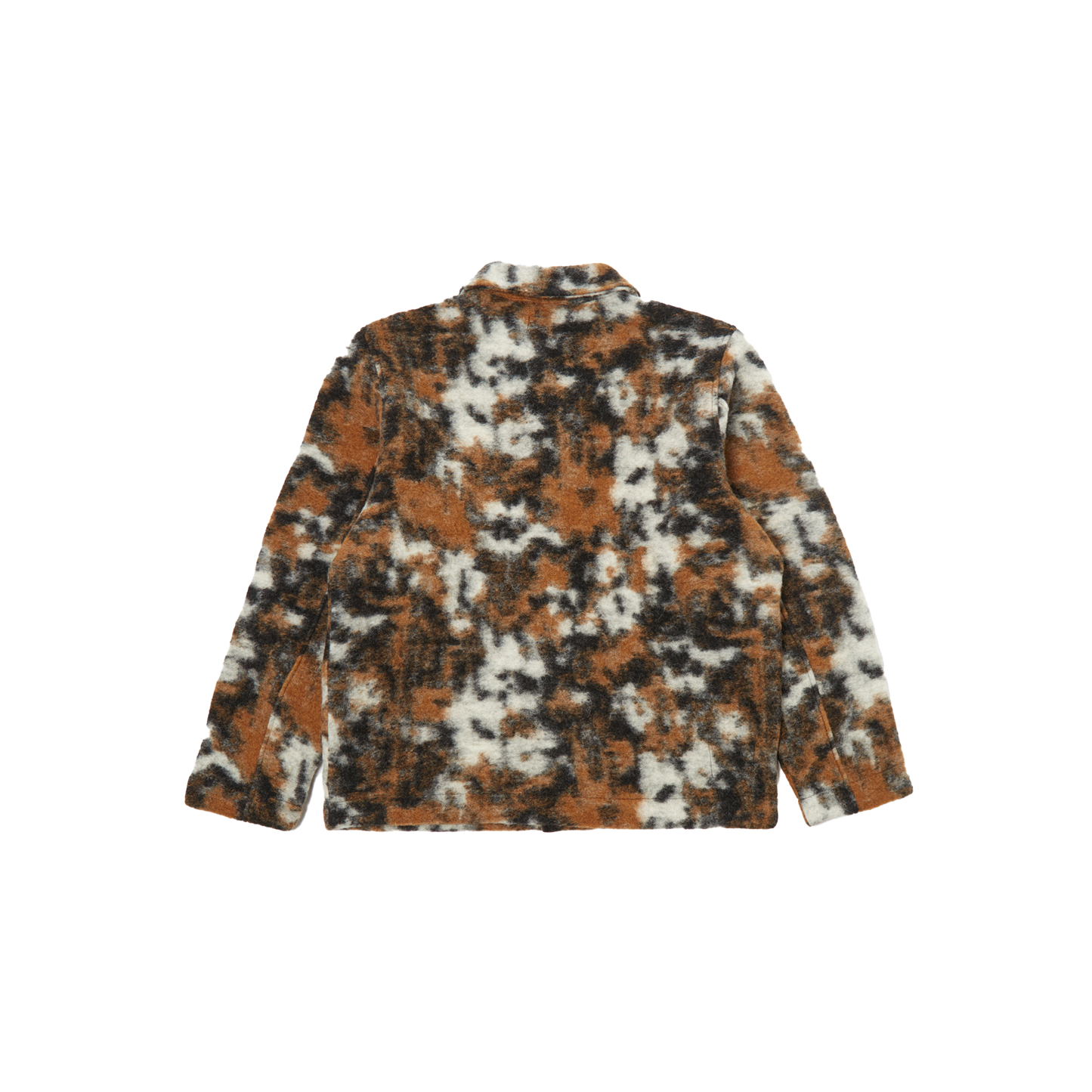 Featuring a warm and relaxed fit, the Field Jacket Fleece in a wool polyester blend by Universal Works boasts a brown, black, and white camouflage design, as shown from the back.