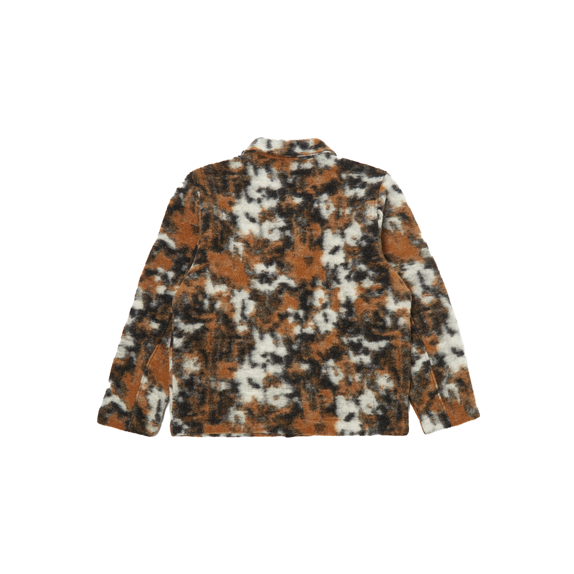 Featuring a warm and relaxed fit, the Field Jacket Fleece in a wool polyester blend by Universal Works boasts a brown, black, and white camouflage design, as shown from the back.