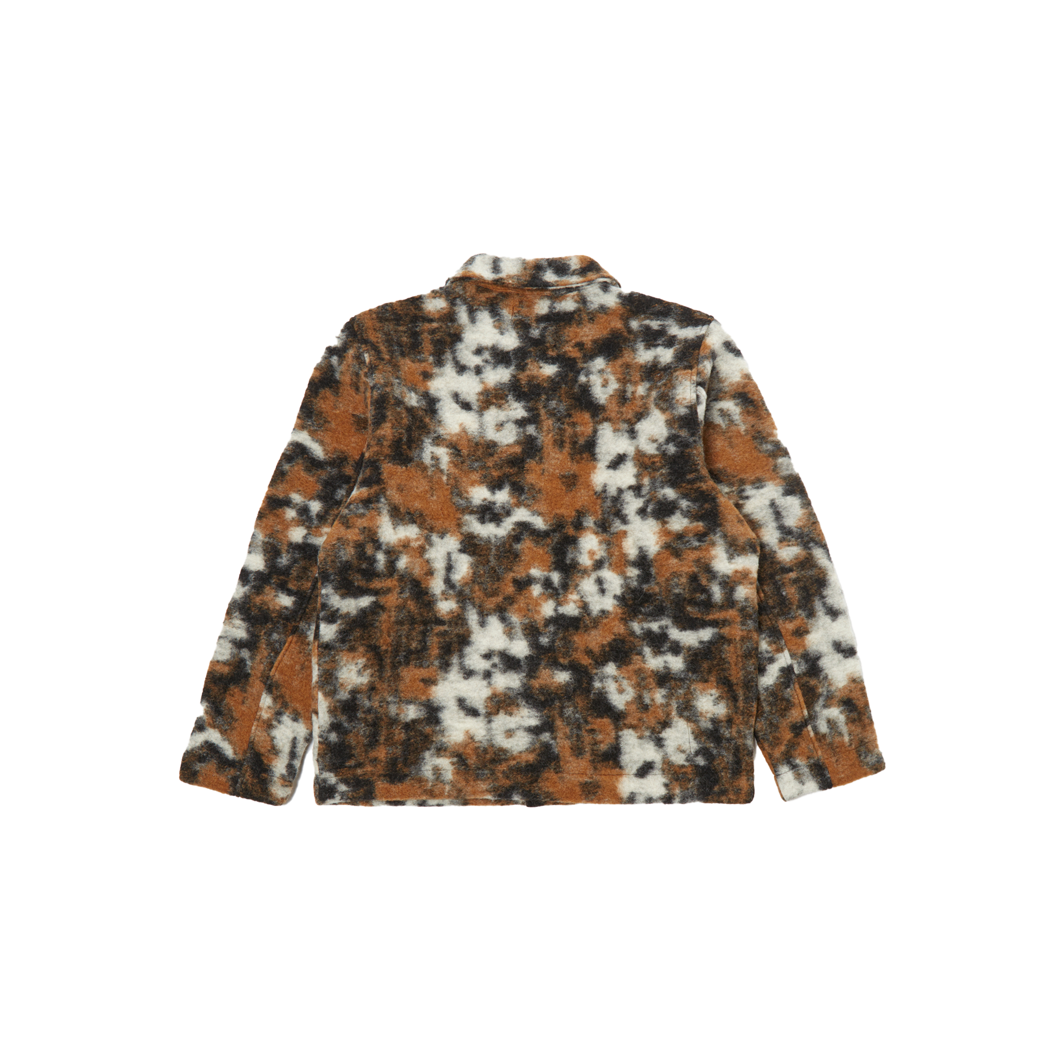 Featuring a warm and relaxed fit, the Field Jacket Fleece in a wool polyester blend by Universal Works boasts a brown, black, and white camouflage design, as shown from the back.