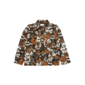 The Field Jacket Fleece by Universal Works offers a loose fit and is crafted from a wool polyester blend, showcasing a brown, black, and white abstract pattern with multiple pockets on display against a plain background. It is expertly designed for men's sizing.