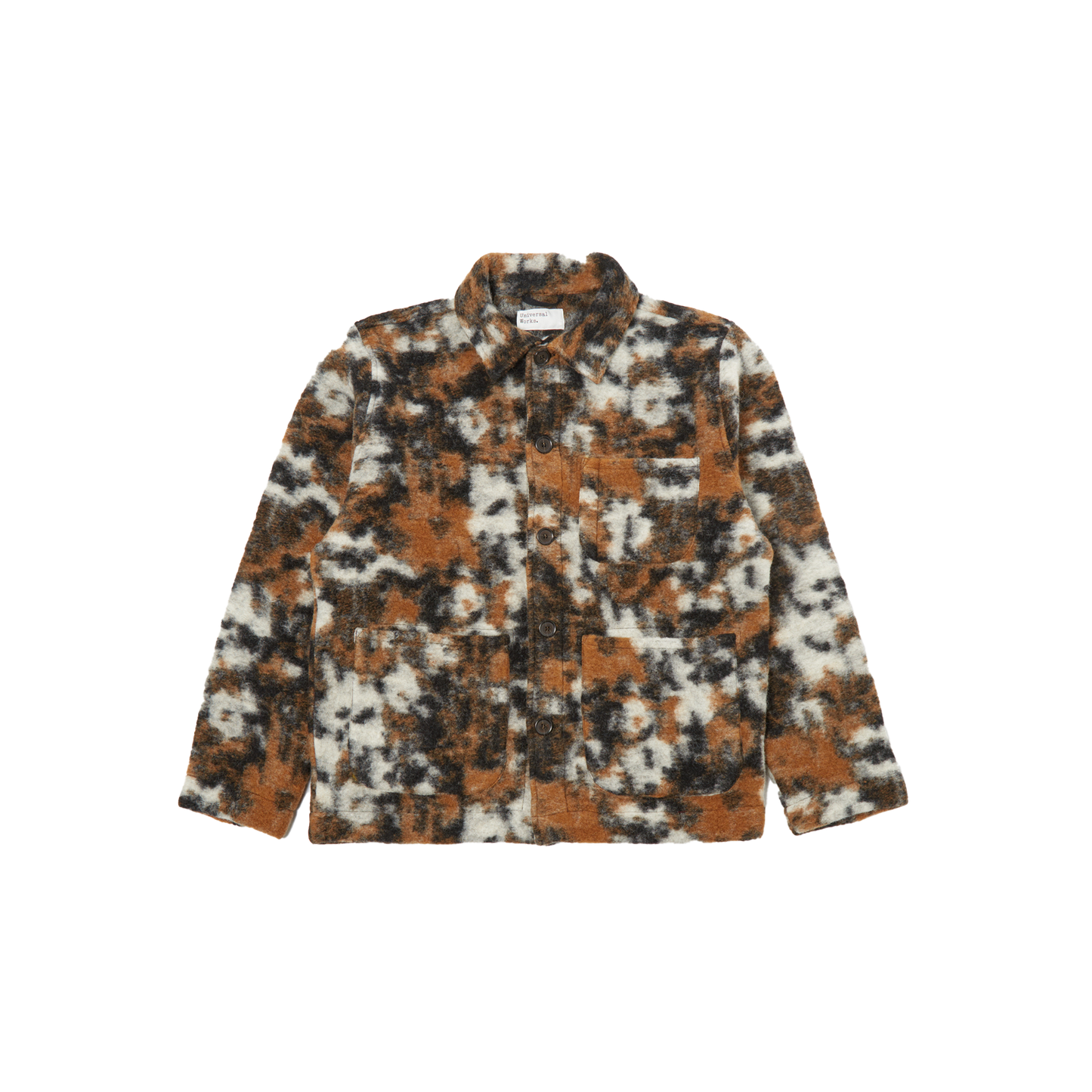 The Field Jacket Fleece by Universal Works offers a loose fit and is crafted from a wool polyester blend, showcasing a brown, black, and white abstract pattern with multiple pockets on display against a plain background. It is expertly designed for men's sizing.