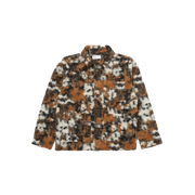 The Field Jacket Fleece by Universal Works offers a loose fit and is crafted from a wool polyester blend, showcasing a brown, black, and white abstract pattern with multiple pockets on display against a plain background. It is expertly designed for men's sizing.