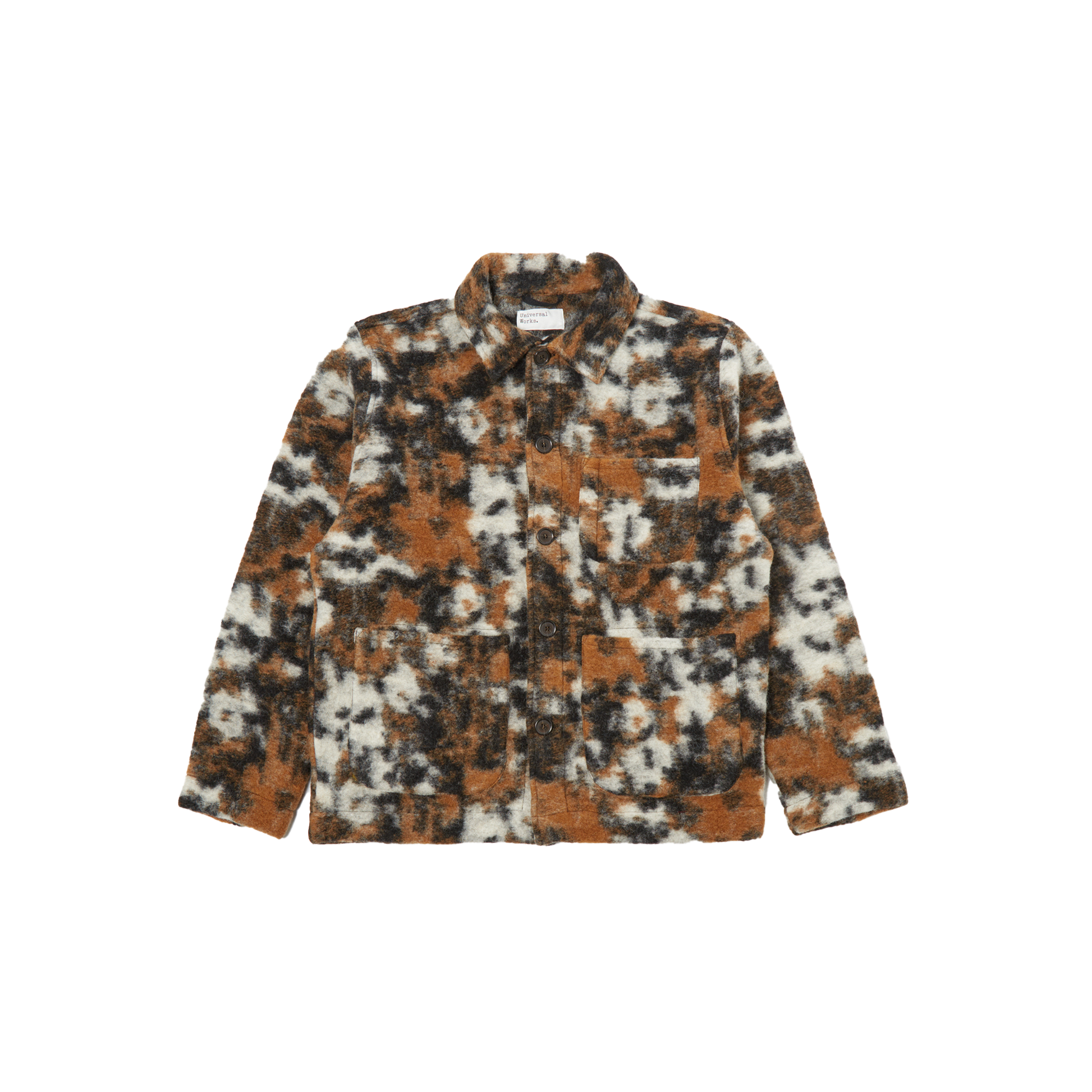 The Field Jacket Fleece by Universal Works offers a loose fit and is crafted from a wool polyester blend, showcasing a brown, black, and white abstract pattern with multiple pockets on display against a plain background. It is expertly designed for men's sizing.
