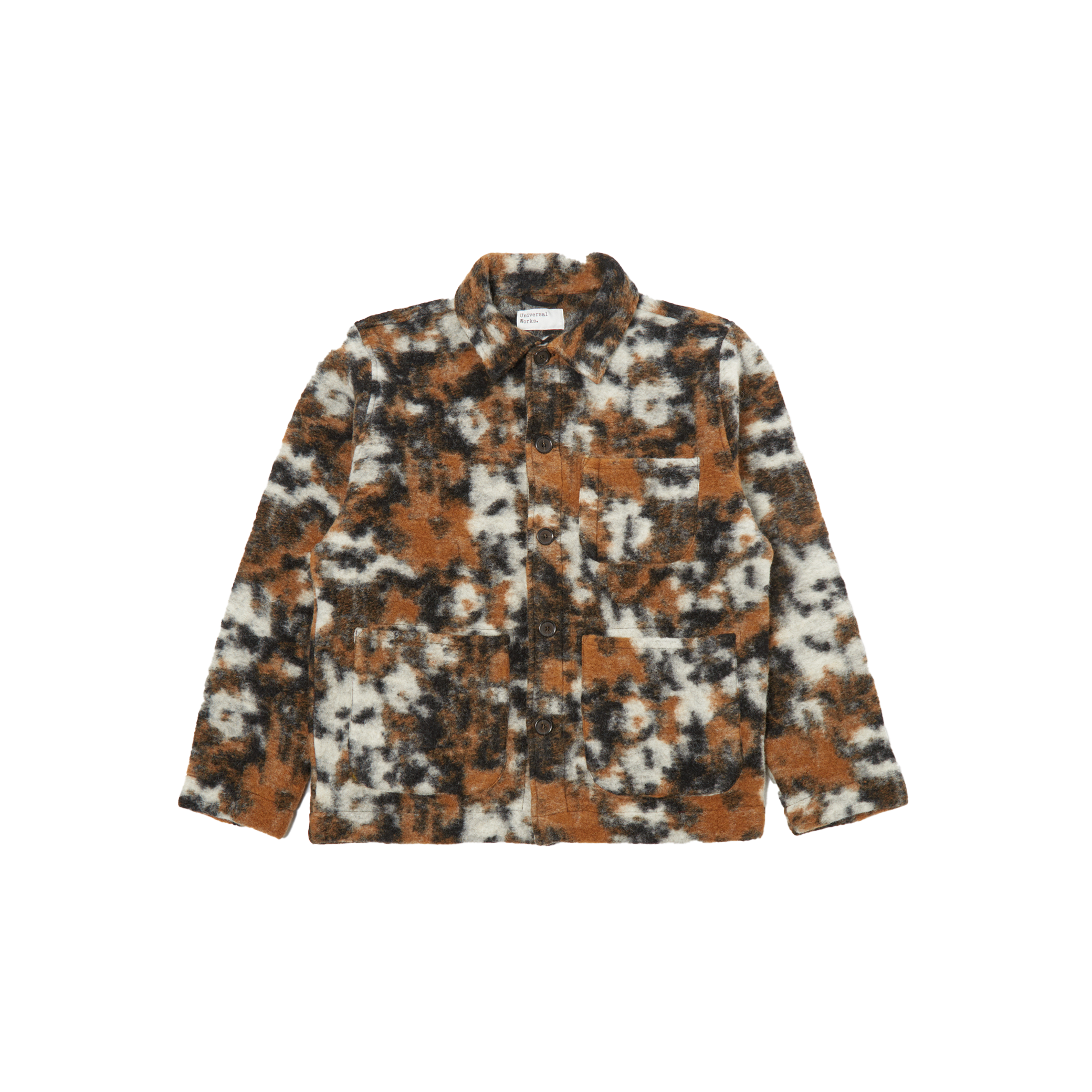 The Field Jacket Fleece by Universal Works offers a loose fit and is crafted from a wool polyester blend, showcasing a brown, black, and white abstract pattern with multiple pockets on display against a plain background. It is expertly designed for men's sizing.