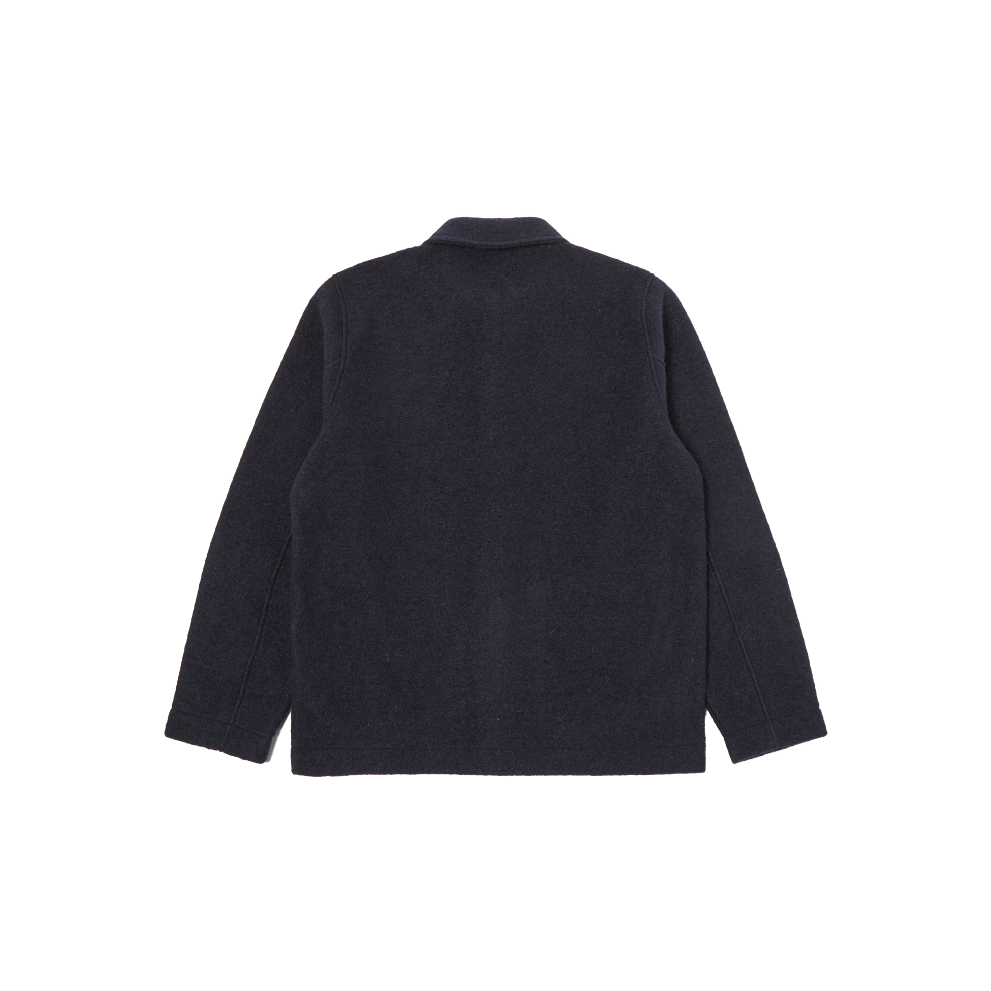 Back view of the Field Jacket Fleece in dark gray, designed by Universal Works, made from a wool polyester blend, set against a plain white background.