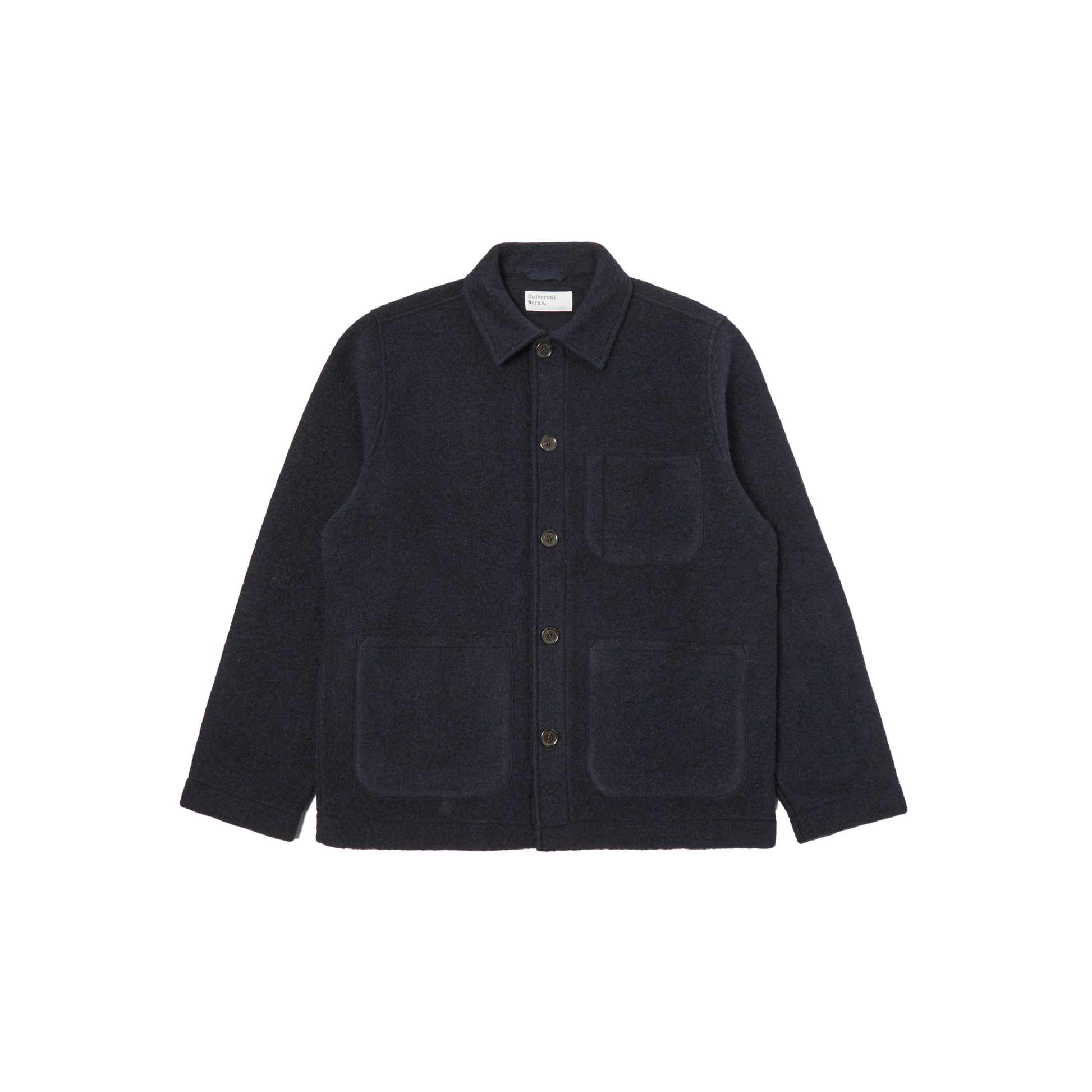 The Universal Works Field Jacket Fleece is crafted from a dark navy wool polyester blend, featuring a collar and front button closure. It includes three pockets—two at the bottom and one on the chest—and is designed in men's sizing with a loose fit for both style and comfort.