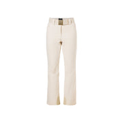 Champagne Flair Ski Pants from Goldbergh featuring a beige, straight-leg design with a black waistband buckle and decorative stitching.