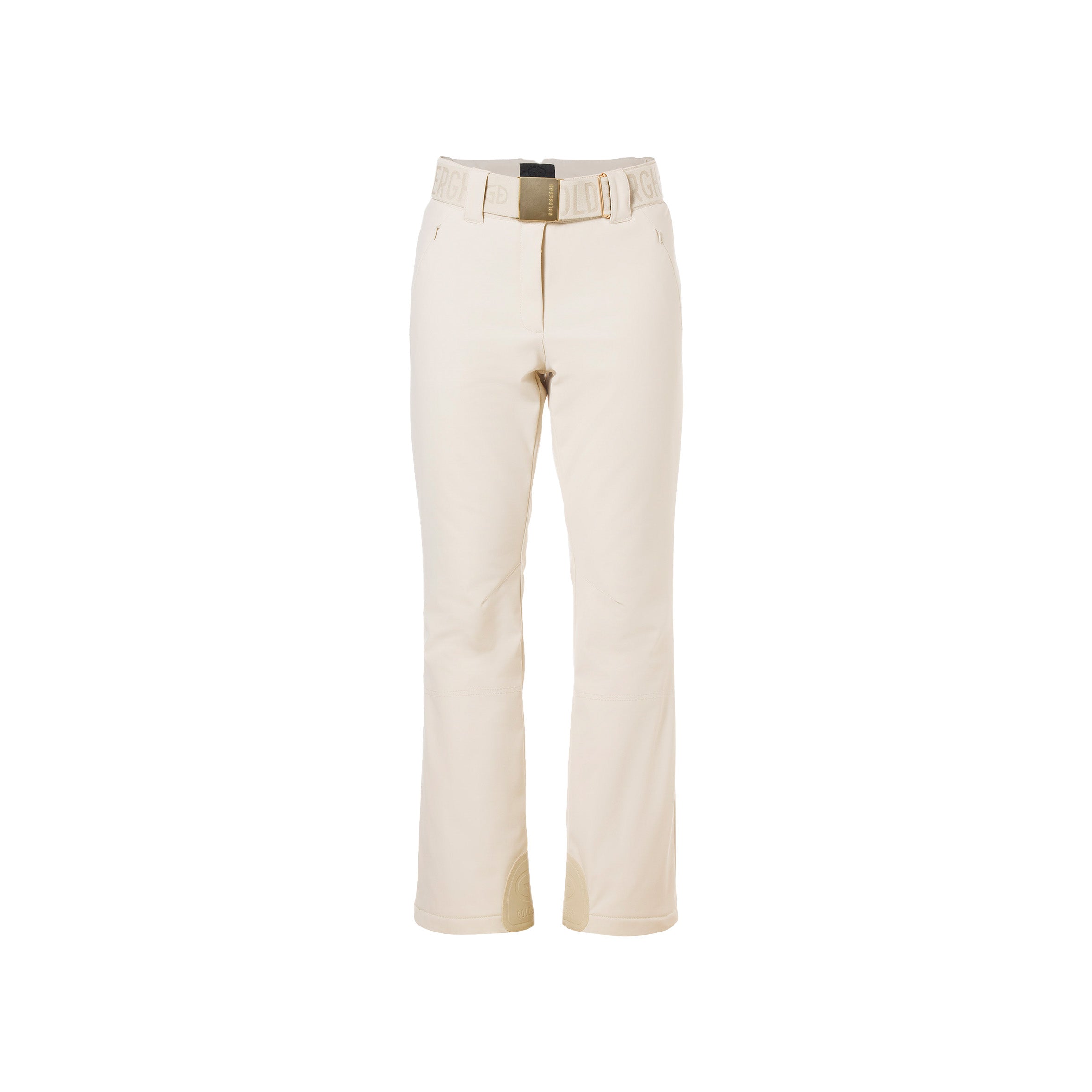 Champagne Flair Ski Pants from Goldbergh featuring a beige, straight-leg design with a black waistband buckle and decorative stitching.