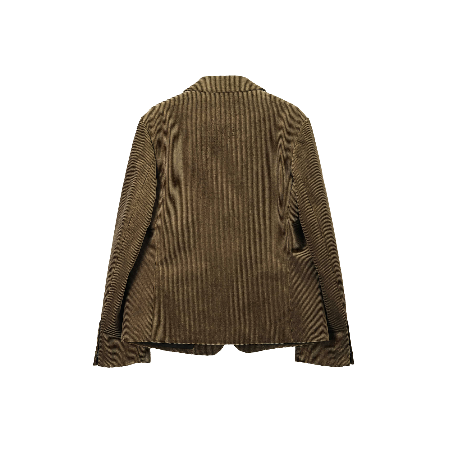 A Margaret Howell Flap Pocket Blazer in brown corduroy is shown against a white background, with the back view highlighted.