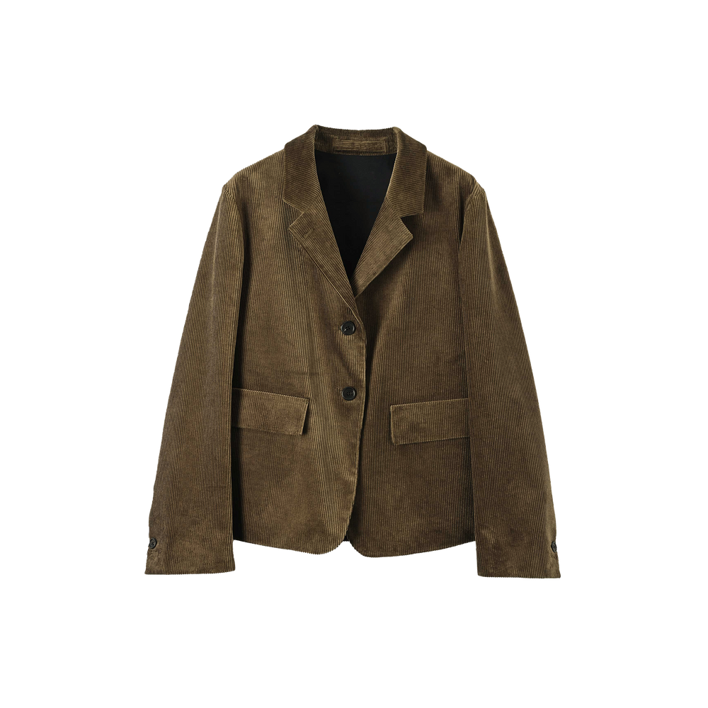 The Margaret Howell Flap Pocket Blazer in brown corduroy features two buttons, two front pockets, and a notched lapel, displayed against a white background.