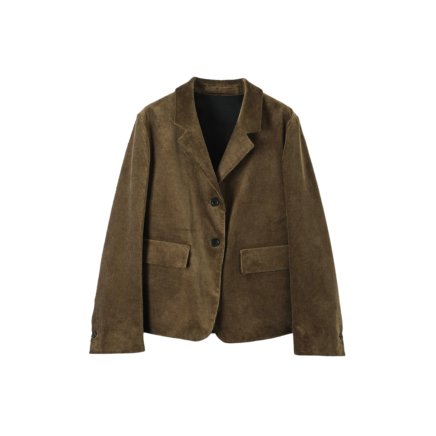 The Margaret Howell Flap Pocket Blazer in brown corduroy features two buttons, two front pockets, and a notched lapel, displayed against a white background.
