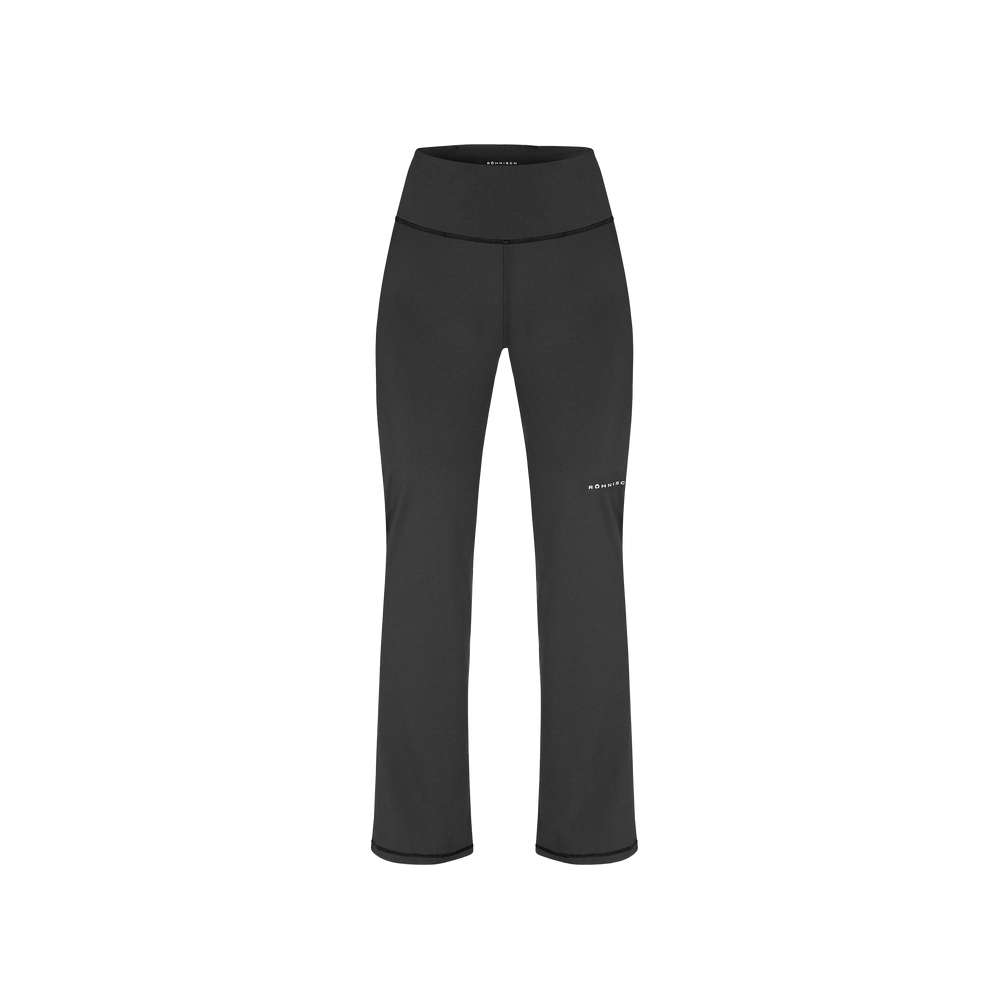 Rohnisch's Flattering High Waist Pants are black, high-waisted yoga pants with flared legs, made from breathable, moisture-wicking fabric and featuring a subtle thigh logo.