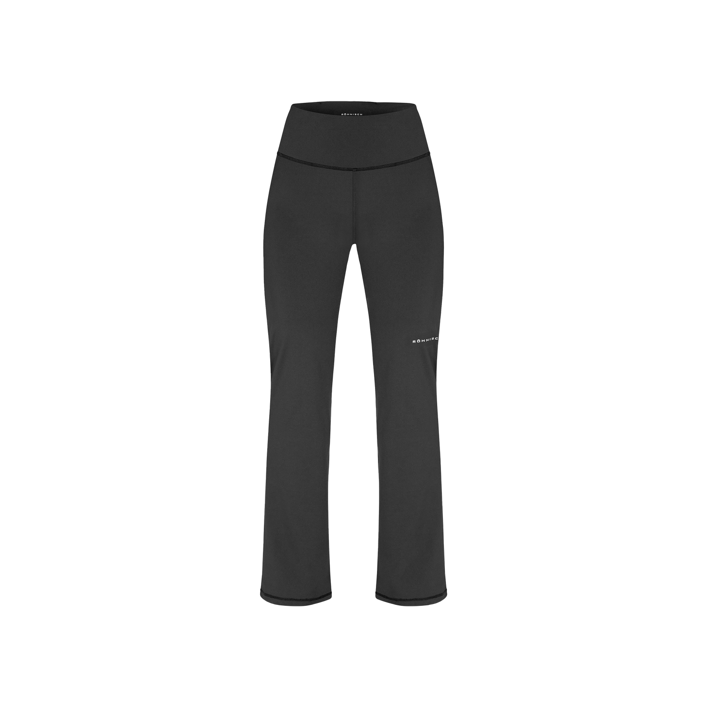 Rohnisch's Flattering High Waist Pants are black, high-waisted yoga pants with flared legs, made from breathable, moisture-wicking fabric and featuring a subtle thigh logo.