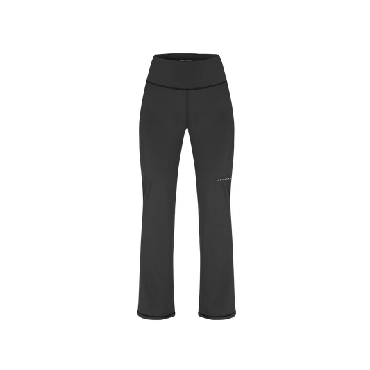 Rohnisch's Flattering High Waist Pants are black, high-waisted yoga pants with flared legs, made from breathable, moisture-wicking fabric and featuring a subtle thigh logo.