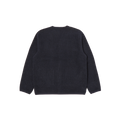 A view from the back showcases the navy blue wool blend Fleece Cardigan by Universal Works.