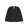 Navy blue Fleece Cardigan by Universal Works in a wool blend, featuring four patch pockets and button-up design, displayed on a white background.