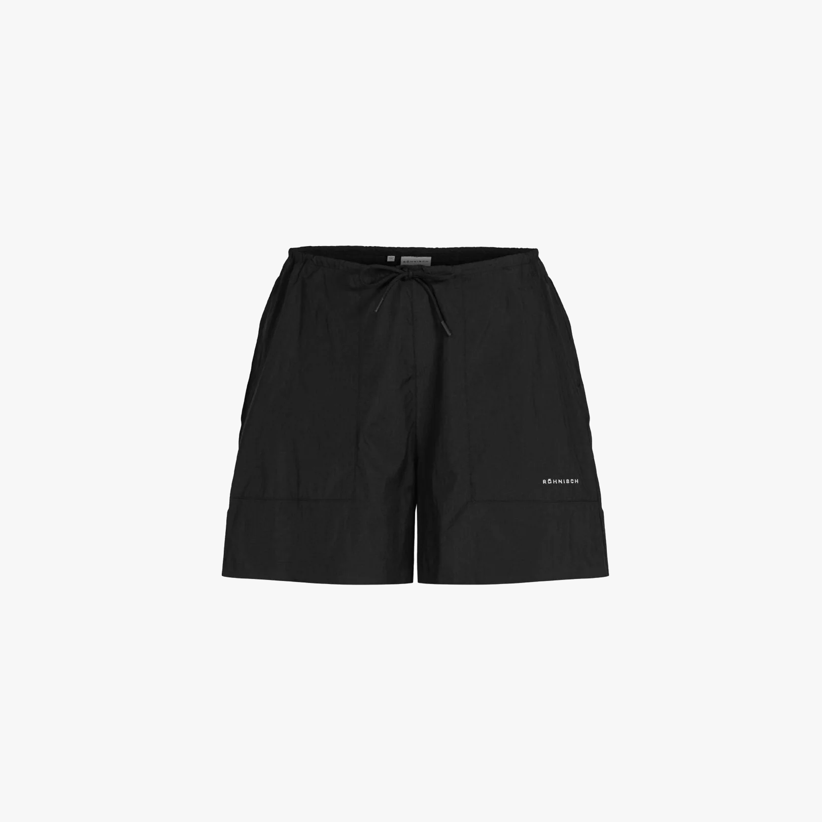 Black Frankie Wind Shorts by Rohnisch feature a loose fit, subtle logo on the left leg, and are made from lightweight polyamide. Shown against a white background.