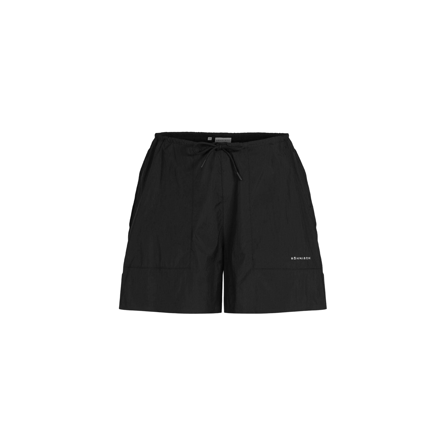 Introducing Rohnisch's Frankie Wind Shorts in black polyamide for comfort. These drawstring shorts offer side pockets and feature a small logo on the left leg, blending style with functionality.