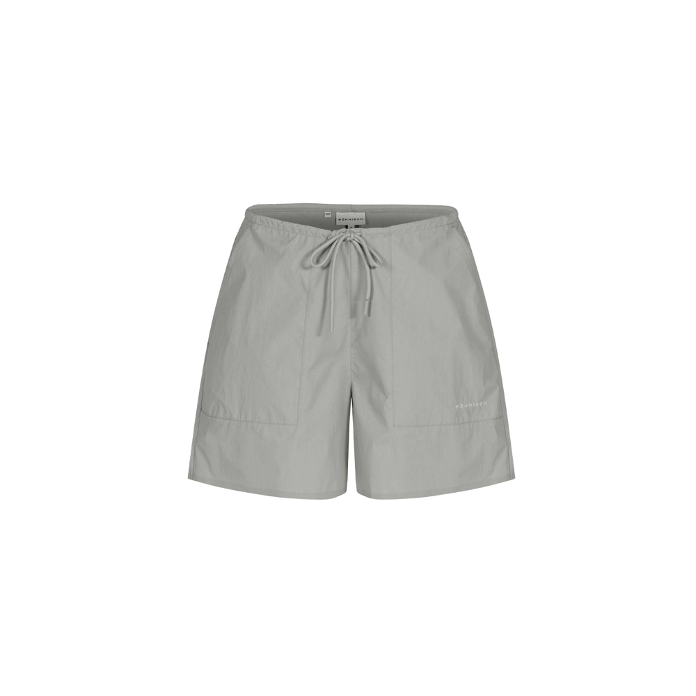 The gray Rohnisch Frankie Wind Shorts feature an elastic waistband with a drawstring, visible stitching, two front pockets, and a subtle logo. Constructed from durable polyamide fabric for comfort and style.