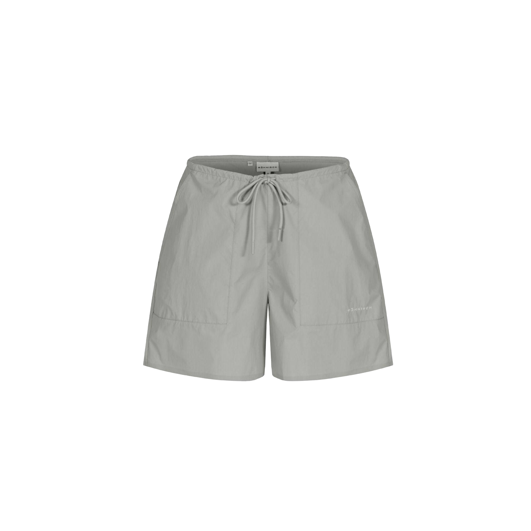 The gray Rohnisch Frankie Wind Shorts feature an elastic waistband with a drawstring, visible stitching, two front pockets, and a subtle logo. Constructed from durable polyamide fabric for comfort and style.