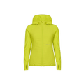 The Free Motion Padded Jacket by Rohnisch is a vibrant yellow hooded jacket designed with a full zip and thumb holes. Made from quilted woven polyester with down-like filling, it seamlessly combines style and warmth, perfectly contrasted against a plain black background.