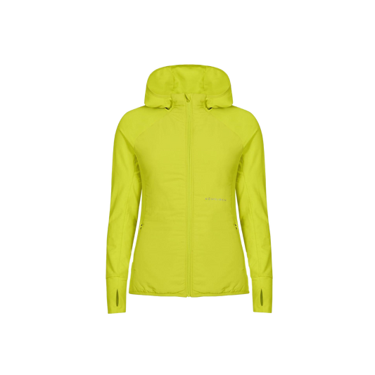 The Free Motion Padded Jacket by Rohnisch is a vibrant yellow hooded jacket designed with a full zip and thumb holes. Made from quilted woven polyester with down-like filling, it seamlessly combines style and warmth, perfectly contrasted against a plain black background.