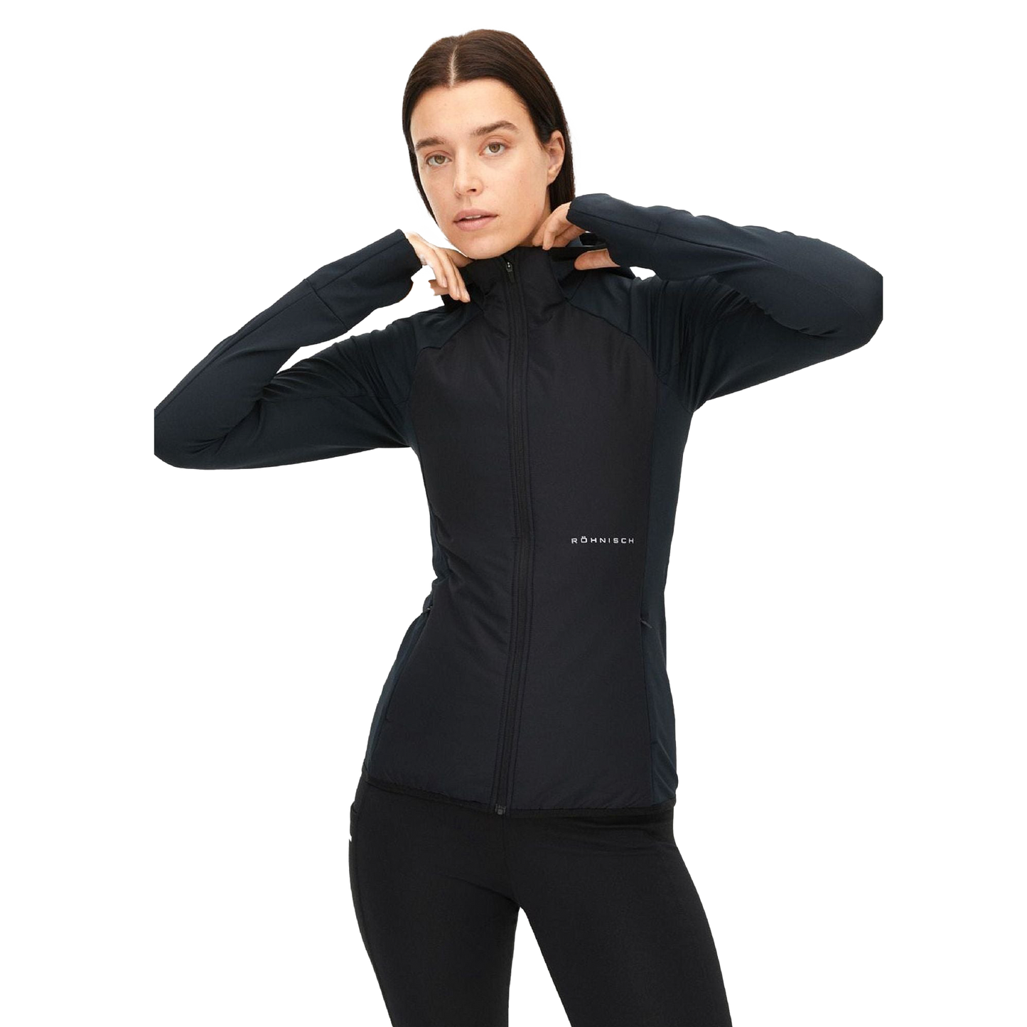 A person dressed in the Rohnisch Free Motion Padded Jacket and black pants stands against a blank background, with the quilted woven polyester bringing subtle texture to their sleek attire.