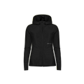 The Free Motion Padded Jacket by Rohnisch is a black hooded jacket made from recycled Thermo jersey, featuring a front zipper and a small logo on the left chest. It has long sleeves with thumb holes for added comfort and style against the black backdrop.
