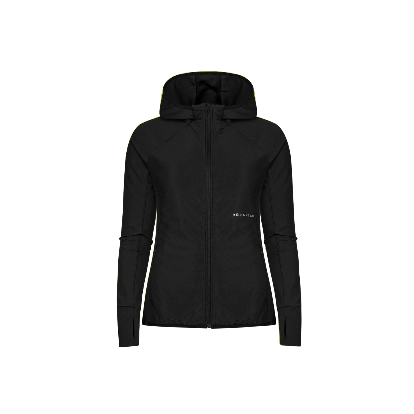The Free Motion Padded Jacket by Rohnisch is a black hooded jacket made from recycled Thermo jersey, featuring a front zipper and a small logo on the left chest. It has long sleeves with thumb holes for added comfort and style against the black backdrop.