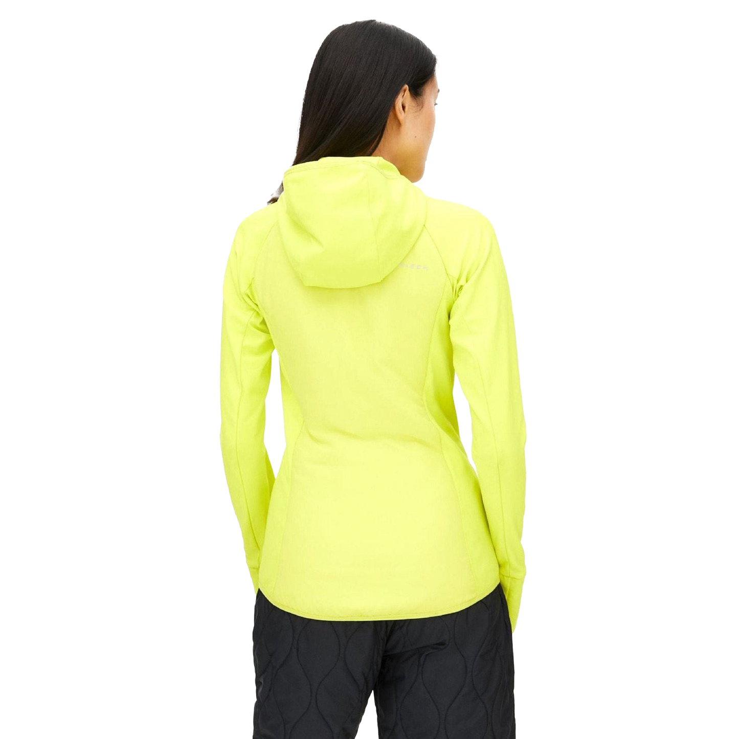 A person wearing the Free Motion Padded Jacket by Rohnisch, which is a bright yellow hooded jacket made of quilted woven polyester, along with dark pants, facing away.