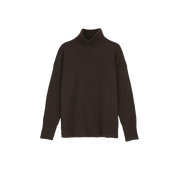 The Freya High Neck Sweater by Aiayu features a luxurious dark brown color, crafted from pure yak wool and designed with long sleeves, displayed against a plain white background.