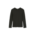 Set against a white background, the Gentle LS T-Shirt by Aiayu exudes elegance with its plain black design and luxurious blend of organic cotton, offering a soft and sustainable choice for your wardrobe.