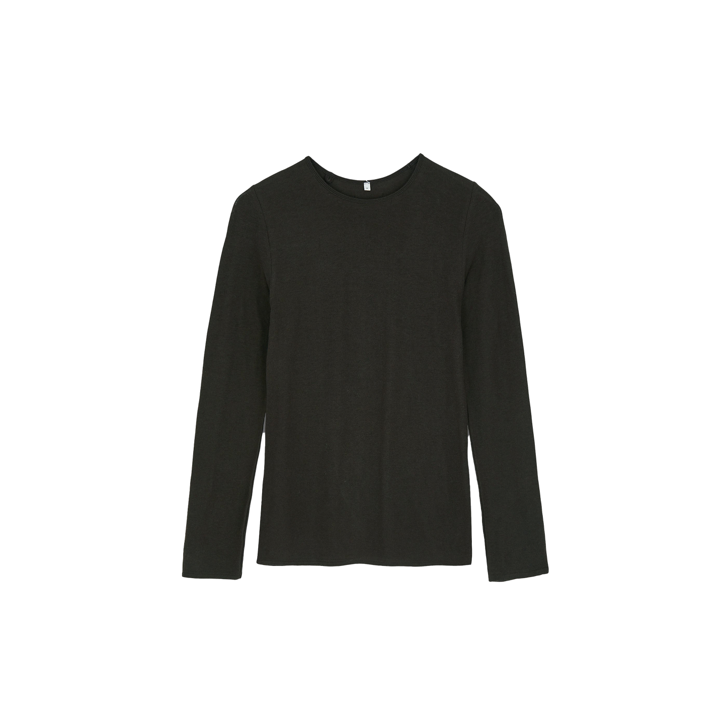Set against a white background, the Gentle LS T-Shirt by Aiayu exudes elegance with its plain black design and luxurious blend of organic cotton, offering a soft and sustainable choice for your wardrobe.