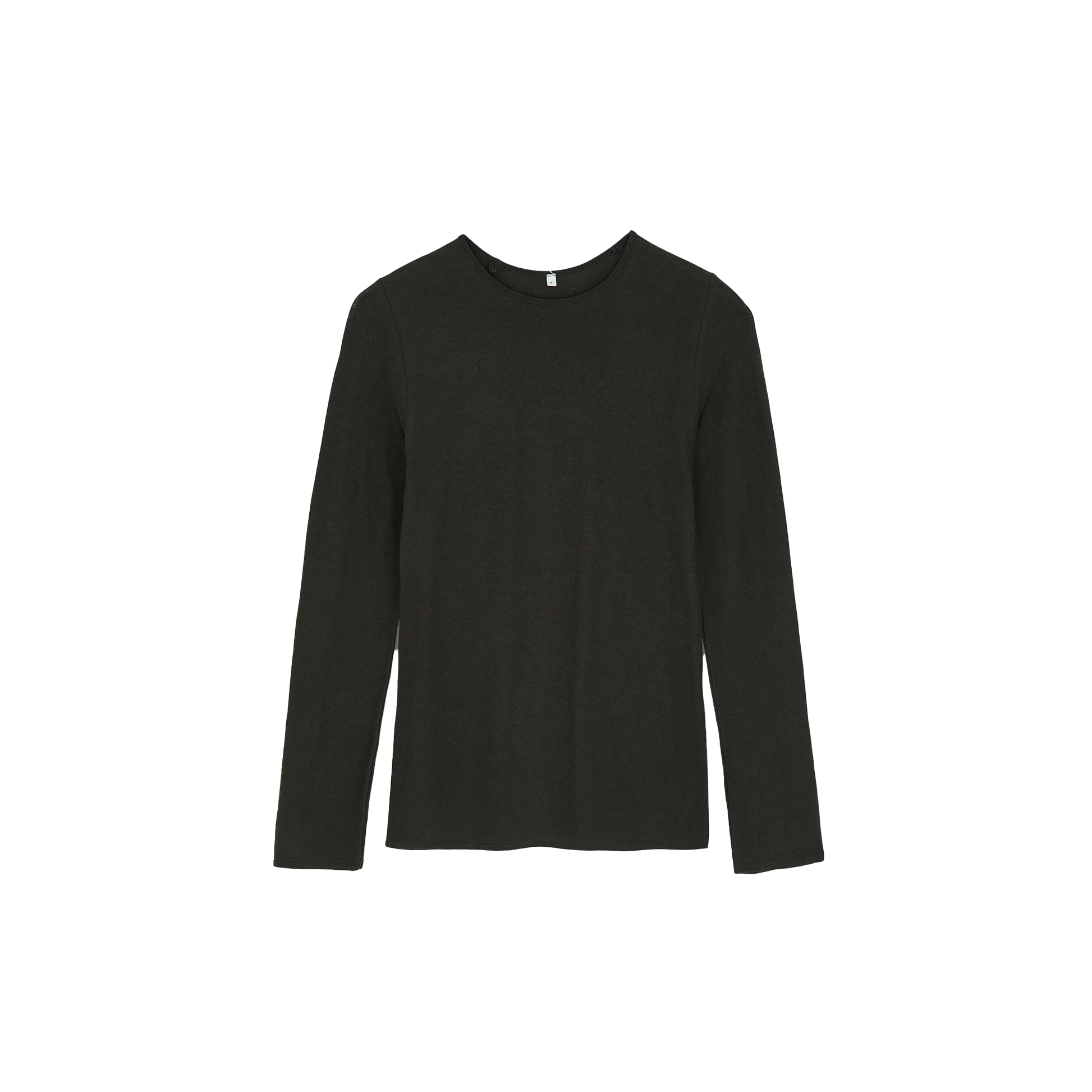 Set against a white background, the Gentle LS T-Shirt by Aiayu exudes elegance with its plain black design and luxurious blend of organic cotton, offering a soft and sustainable choice for your wardrobe.