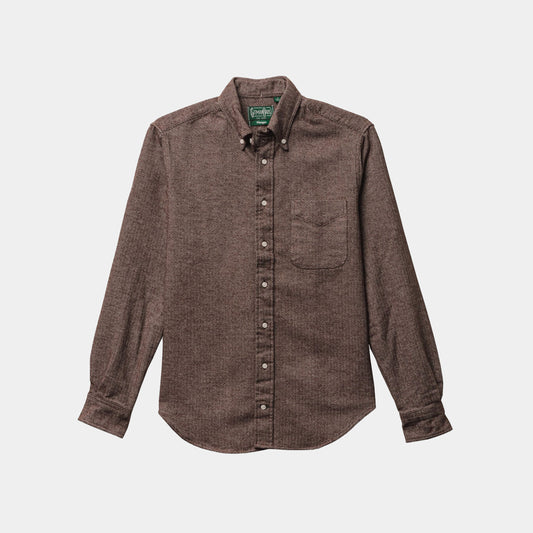 The Gitman Vintage Brown Herringbone Flannel is a brown, long-sleeve button-up shirt with a front chest pocket, displayed flat on a white background.