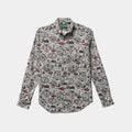 The Ski Club Print, Grey Pattern shirt by Gitman Vintage is a long-sleeve, button-up with a lively print of badges, shapes, and outdoor graphics on a light background.