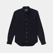 The Gitman Vintage Overdye Seersucker Shirt in Navy, a long-sleeve button-up with a collar and white buttons, is laid flat on a light background.