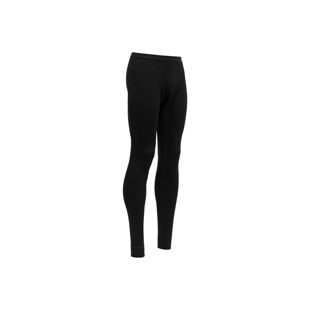 The Devold M Duo Active Long Johns in black, designed for optimal warmth during outdoor activities with ThermoLite, are shown against a white background.