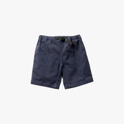 Gramicci K G-Shorts in Double Navy for kids, made from stretch twill with a gusset crotch for comfort and an adjustable black buckle belt, shown on a plain white background.