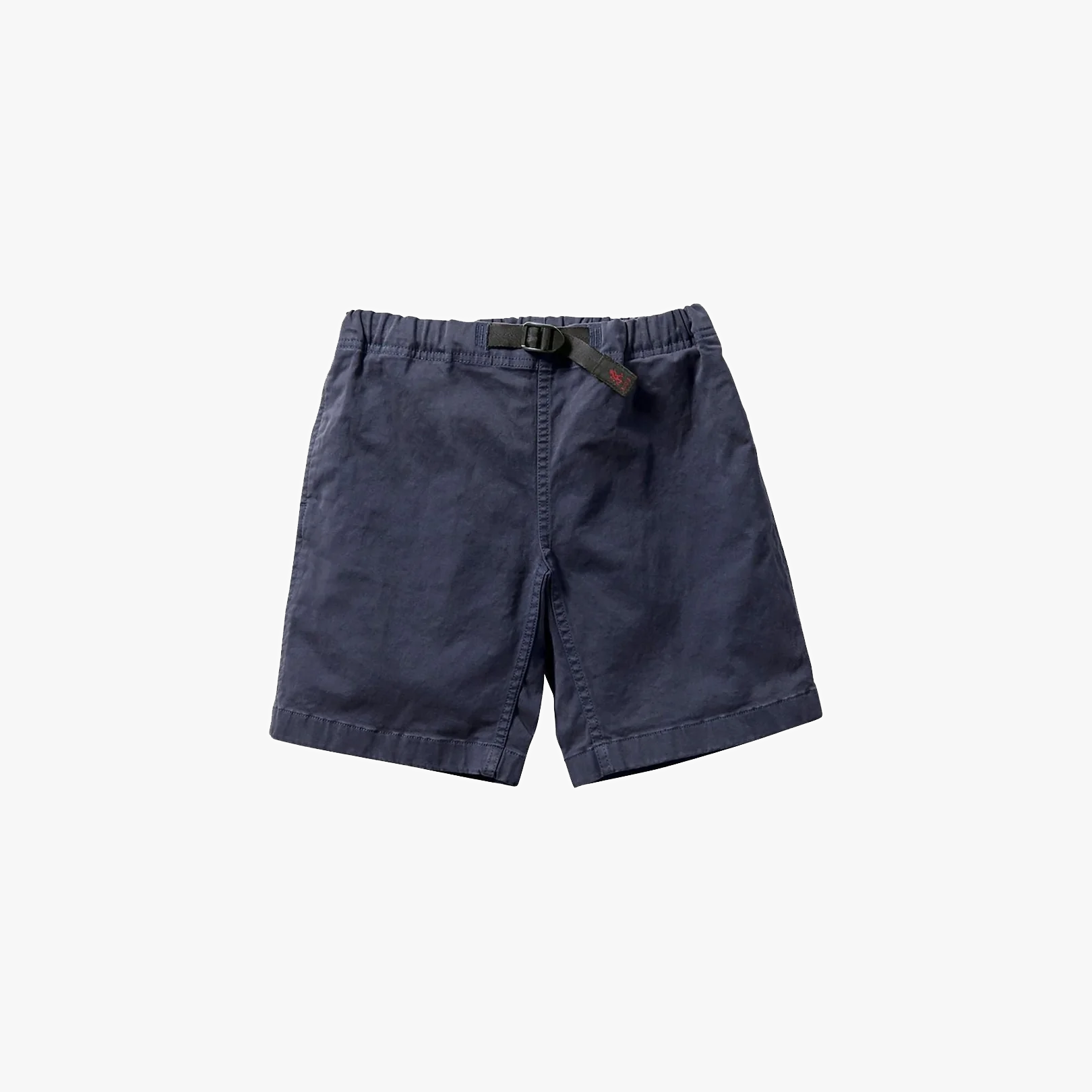 Gramicci K G-Shorts in Double Navy for kids, made from stretch twill with a gusset crotch for comfort and an adjustable black buckle belt, shown on a plain white background.